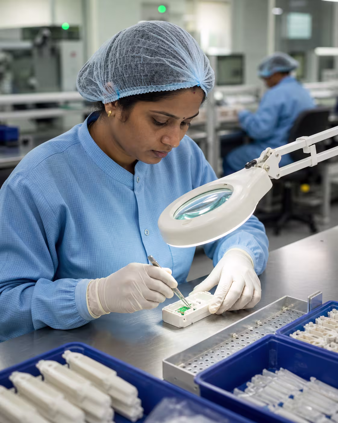 Medical device technician carrying out precision assembly at a manufacturing workstation.