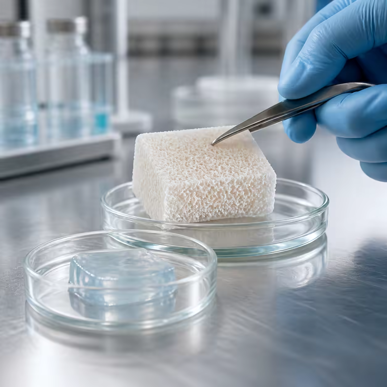 Porous biomaterial scaffold and hydrogel samples inspected in a laboratory.