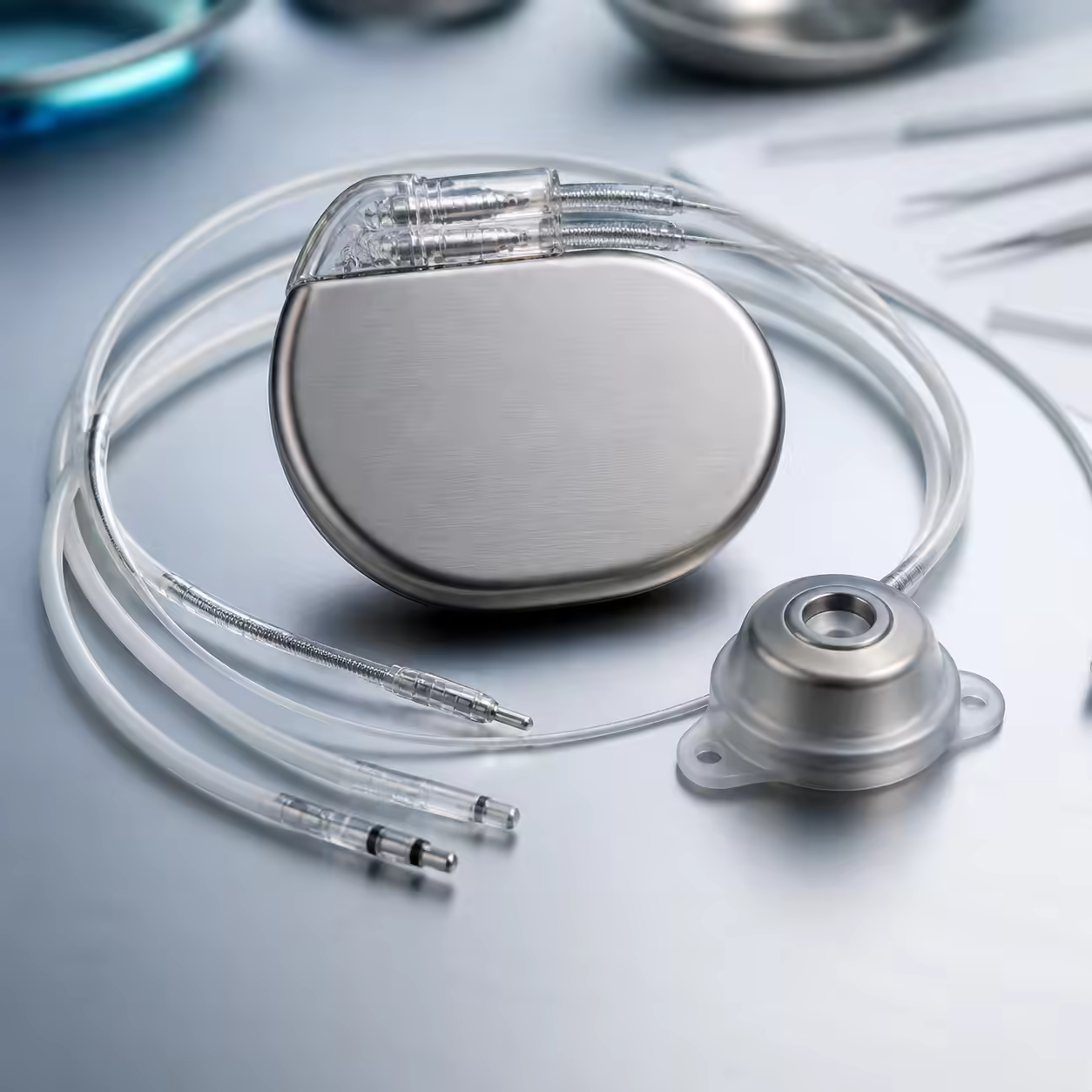 Implantable pulse generator and drug-delivery port arranged on a clinical surface.