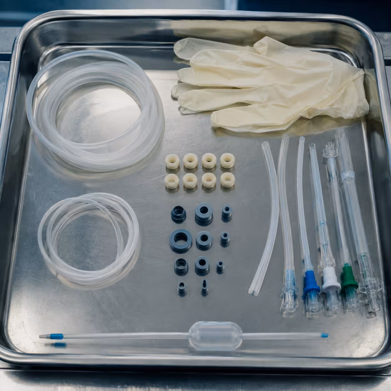 Medical grade tubing, seals and catheters laid out on an inspection tray.